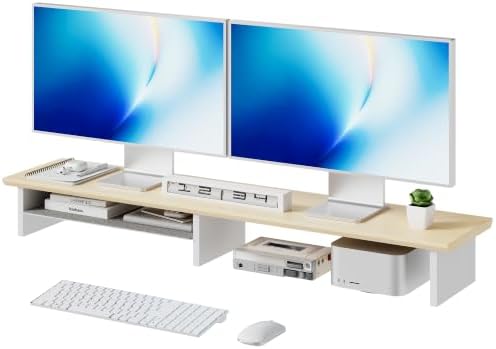 FENSULN Dual‑Tier Monitor Stand for Minimalist Wooden and Metal Riser Shelf Desktop Stands Organizer with Underneath Storage for Dual Monitors, Laptops, Home Office Aesthetic Beige by FENSULN