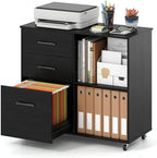 Giantex 3-Drawer Mobile File Cabinet, Rolling Printer Stand with Open Storage Shelves, Under Desk Lateral Filing Cabinet for Letter/A4 Size, Wooden Office Organizer with Wheels for Home Office (Black) by Giantex