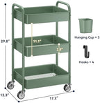 YASONIC 3-Tier Rolling Cart, Green, 66 Pounds Capacity, Mesh Storage Organizer with Lockable Wheels, 3 Hanging Cups, 4 Hooks, Easy Assembly, for Kitchen, Bathroom, Laundry, Grocery - Image 6