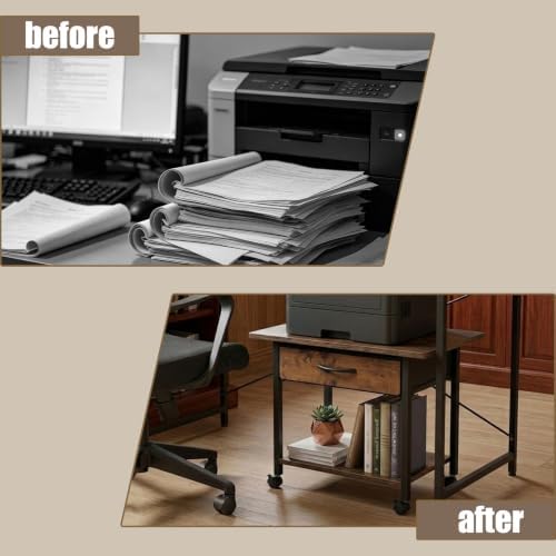 22" x 15" Under Desk Rolling Printer Stand, 2-Tier Industrial Mobile Printer Table with Strong Fabric Drawer,Storage Shelf, Steel Frame and Lockable Wheels, Printer Cart for Home Office (Rustic Brown) - Image 4