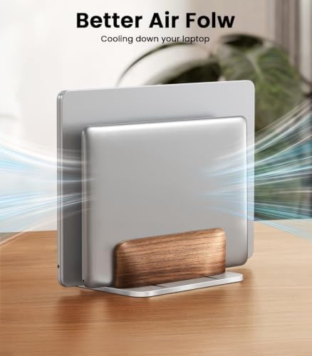 LOXP Vertical Laptop Stand, Dual Slot Wooden + Aluminum Laptop Holder - Image 4