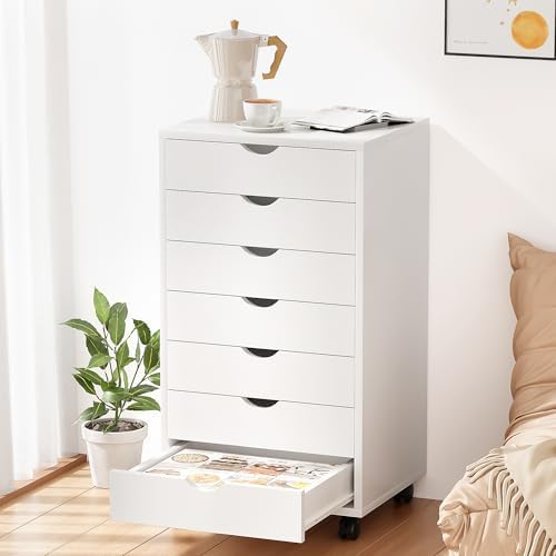 7 Drawer Chest, Dressers Storage Cabinets, Dresser Mobile Cabinet with Wheels, Drawers Organization Furniture for Office, Home, White - Image 7