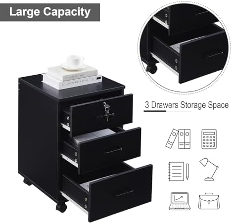 OFCASA 3 Drawer File Cabinet with Lock, Small Rolling Filing Cabinets for Home Office, Wooden Under Desk File Cabinet with Wheels, Mobile Storage Cabinet Printer Stand, for Letter/Legal/A4 Size, Black - Image 4