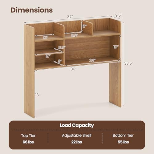 LDAILY 3-Tier Desktop Bookshelf, Wooden Desk Hutch for Computer Monitor Up to 32 Inch, Desk Organizer Shelf with Adjustable Shelf & 6 Storage Shelves, Desk Display Rack for Home Office Dorm (Natural) - Image 3