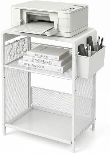 ECOLOVI Small 3 Tier Printer Stand for Under Desk, Height Adjustable Shelf Printer Table with 3 S-Hooks & Basket, Heavy Duty Industrial Storage Shelf for Home Office (White) by ECOLOVI