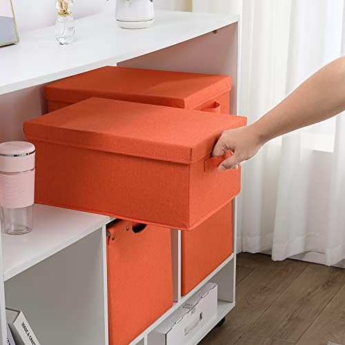 HOONEX Storage Bins with Lids for Organizing, Pack of 2, Storage Boxes with 2 Carrying Handles and Sturdy Heavy Cardboard, 16.5" L x 11.8" W x 7.5" H for Shoes, Books, Clothes, Nursery, Orange - Image 4