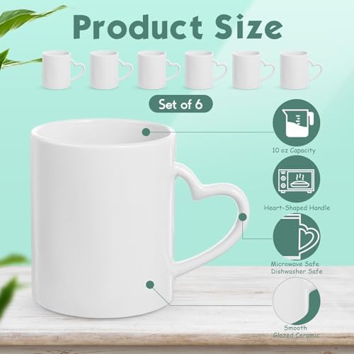 Pickmesh 10oz White Blank Sublimation Mugs Set of 6, Heart Handle - Image 2