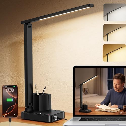 cozoo LED Desk Lamp USB A/C AC Pen Holder Dorm Home Office Desk Light Black by COZOO