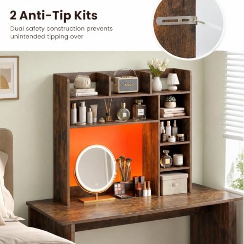 GOFLAME Desk Hutch, 8 Shelves Desktop Bookshelf, 31.5”, Rustic Brown - Image 7