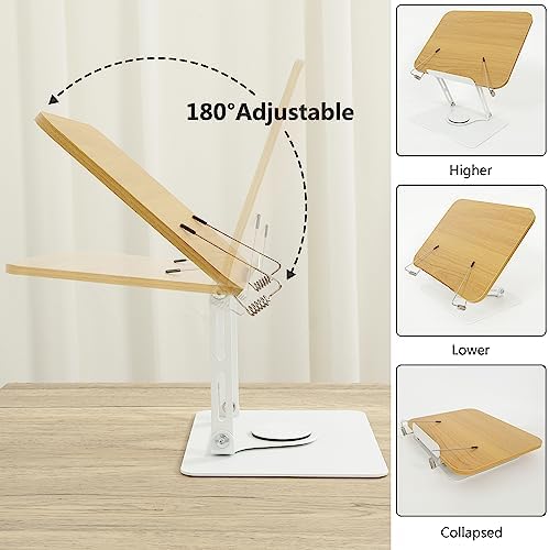 Book Stand for Reading,360°Rotating Base Book Holder for Reading Hands Free,Cookbook Stand,Wooden Panel Aluminium Base Stand for Cookbook,Laptop,Textbook - Image 3