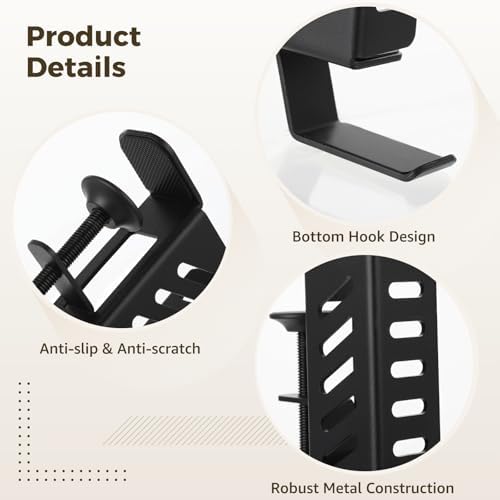 Side Desk Laptop Holder, Clamp On Desk Side Storage with Headphone Hook, Adjustable Metal Organizer, No Drill Vertical Stand for Notebook, Tablet, Magazines - Image 3