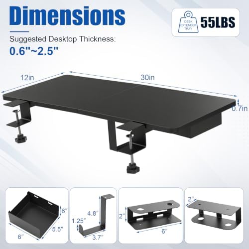 Novabright 30" x 12" Desk Extender Tray with Side Storage Rack Heavy Duty Desk Extender Under Desks Laptop Mount Keyboard Extenders for Desks with a Concealed Storage Area for Cable & Earphone (Black) - Image 2
