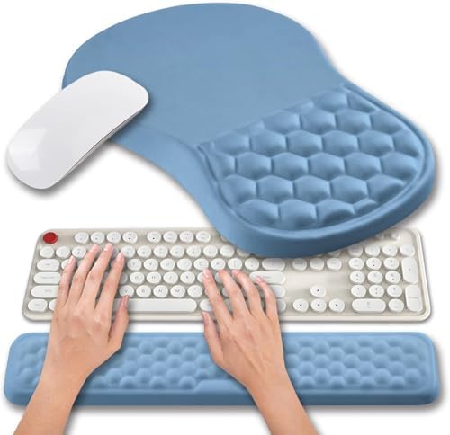 Hokafenle 2 in 1 Ergonomic Mouse Pad Wrist Support & Wrist Rest for Computer Keyboard Set, with Relieve Carpal Tunnel Pain Massage Bulge and Full Memory Gel Design (2In1 Set, Lake Blue) by Hokafenle