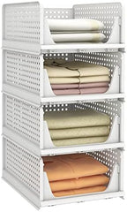 Pinkpum Stackable Plastic Storage Basket, Foldable Closet Organizers, Drawer Shelf Storage Container/Bins for Wardrobe Kitchen Bathroom Office Dorm, White, 4 Packs by Pinkpum