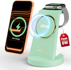 3 in 1 Fast Charging Station for iPhone, 25W Wireless Magnetic Phone Charger for iPhone 17 16e 16 15 14 13 12 Serise, Watch Charger Stand, Wireless Charging Station for AirPods 4 3 Pro, Green by WAYLITEWirelessCharger