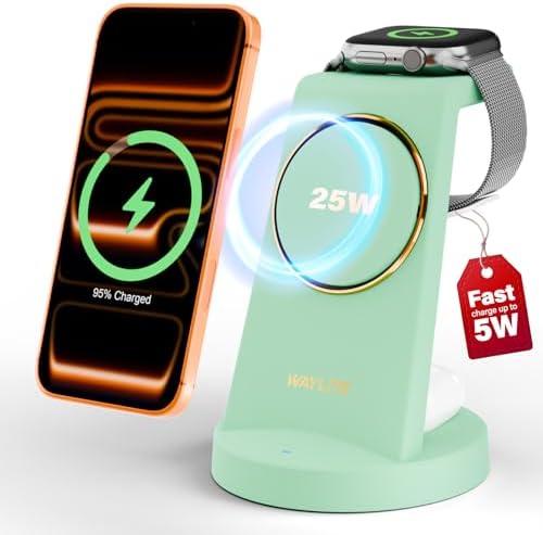 3 in 1 Fast Charging Station for iPhone, 25W Wireless Magnetic Phone Charger for iPhone 17 16e 16 15 14 13 12 Serise, Watch Charger Stand, Wireless Charging Station for AirPods 4 3 Pro, Green by WAYLITEWirelessCharger