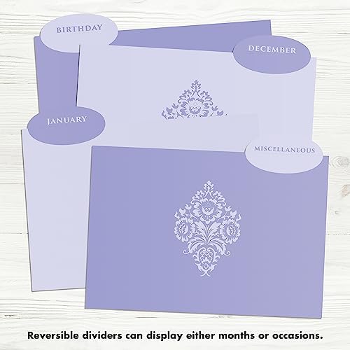 Designer Greetings Greeting Card Organizer Box with Dividers and Calendar, Decorative Lavender Damask Pattern (9.5” x 7.25” x 6”, Holds Up to 75 Greeting Cards), purple - large (711-00005-0000) - Image 4