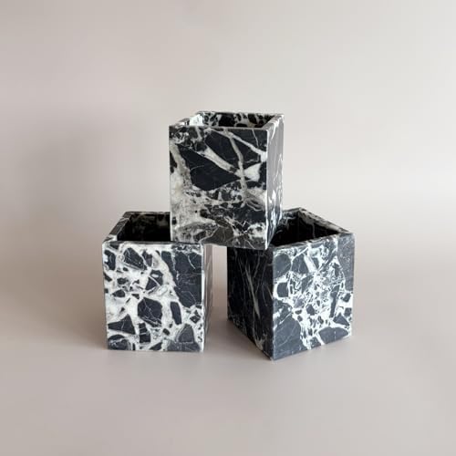 Natural Marble Stone Square Storage Container Empty Vessel Holder Cup for Candle/Pens/Sundries items (Calacatta Black) - Image 2
