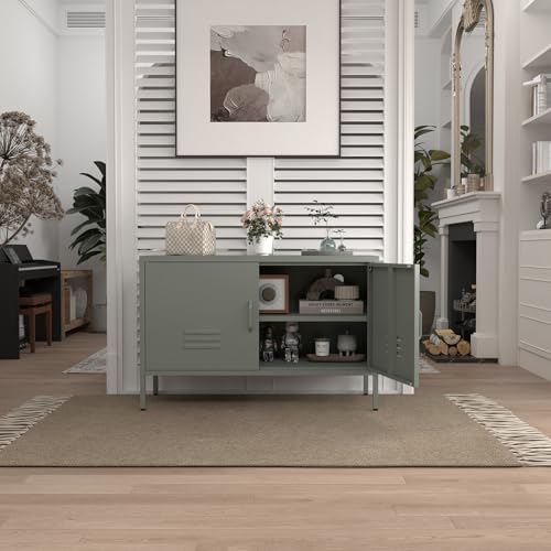 IRONFFICE Metal Storage Cabinet,Low Storage Cabinet with Doors and Shelf,Short Locker Cabinet with Storage,Modern Metal TV Cabinet for Bedroom,Classroom,Kid's Room,Dark Green - Image 4