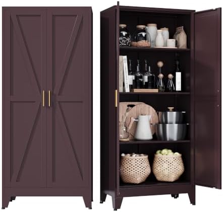 COFaR Metal Pantry Cabinet, Red Kitchen Storage Cabinets with 2 Barn Door by COFAR