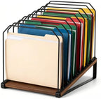 9 Section Inclined Vertical Desk File Organizer, Metal Frame and Wood Base by Unknown