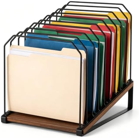 9 Section Inclined Vertical Desk File Organizer, Metal Frame and Wood Base by Unknown