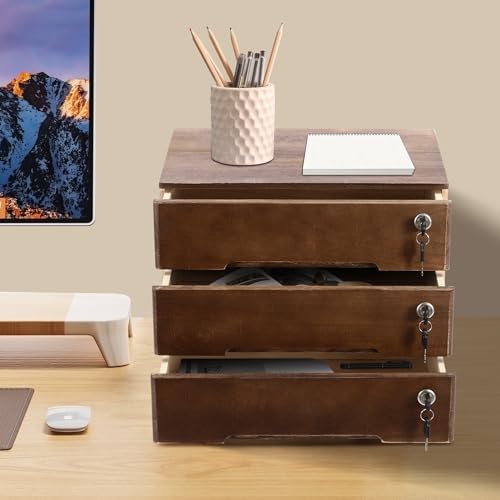 Wooden Desktop Storage Box with Lockable Drawers, 3 Tiers Office Supplies File Organizer, Flat File Cabinet Desk Storage Box for Dresser Tabletop - Image 2