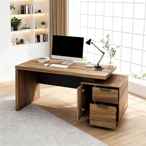 63“ Executive Office Desk with File Drawer, Modern Professional Desk with Cable Management Box, Office Desk with Storage Cabinet & Privacy Panel, 1.8” Thick Desktop for Home Office (Wood, Right) - Image 3
