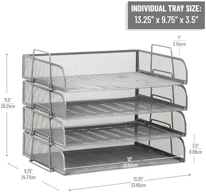 Mind Reader Stackable Paper Tray, Desktop Organizer, File Storage, Office, Metal Mesh, 4 Pcs., Silver - Image 3