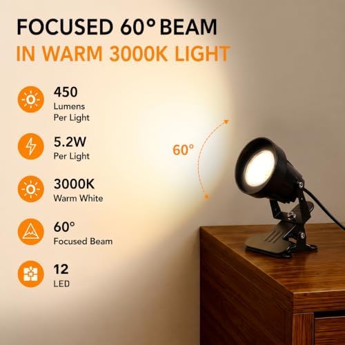 LED Clamp Spot Lights 2 Pack, 3000K Warm White Indoor Spotlights, Clip On Lights with 2.76" Wide Clamp, 270° Adjustable & Switch for Artwork, Plants, Shelves, Displays, Workshop, Desk - Image 4