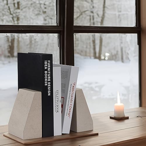 Koville Marble Bookends for Shelves, 9Lbs Large Bookends for Heavy Books, Non-Slip Heavy Duty Book Stopper for CD/Movies, Aesthetic Decorative Bookends for Shelves Table Home Decor(Beige) - Image 5