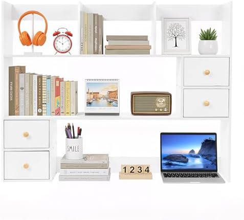 Desktop Bookshelf, 39" Desk Hutch with 3 Tier Storage Shelf & 4 Cabinets, 3-Tier Wood Desktop Organizer Rack with Open Compartments for Books, Files, Decorations, Home Office, Study Room & Dorm, White by Unknown