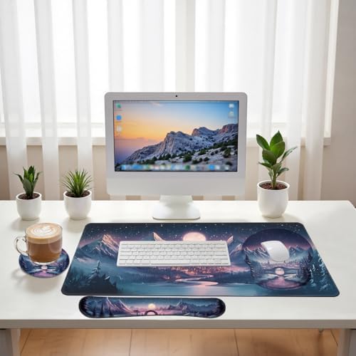 Fantasy City Desk Mat Set Night Moon Mountain Landscape Mouse Pad with Wrist Rest 4in1 Desk Mat for Desktop Ergonomic Keyboard Wrist Support Anti-Slip Computer Ergonomic Mouse Pad Home Office Gaming - Image 6