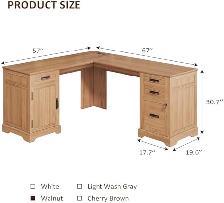 Whalefall 67'' Farmhouse L-Shaped Desk with Drawers for Home Office, Walnut - Image 2