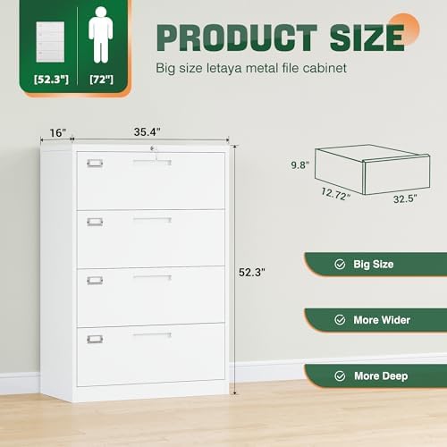 Letaya 4 Drawer File Cabinet with Lock, Metal Lateral Filing Cabinet Wide Office Organization Storage for Home Office Hanging Letter/Legal/F4/A4 (White-Requires Installation) - Image 3