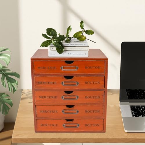 Wooden Desk Organizer Vintage Shelf Desktop Drawer Stackable Storage Box Brown Storage Cabinet Retro Apothecary Art School Office Supplies (5-Drawer Cabinet) - Image 2