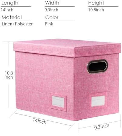 PRANDOM File Organizer Box - Set of 2 Collapsible Decorative Linen Filing Storage Hanging File Folders with Lids Office Cabinet Letter Size Pink (14x9.3x10.8 inch) - Image 7