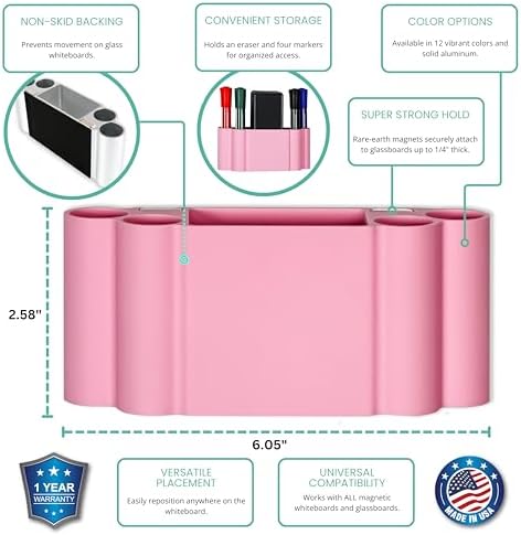 Glassboard Studio Magnetic Dry Erase Marker Holder - Super Strong for Magnetic Glass Whiteboard or Fridge - 2 Large Neodymium Magnets - No Slip Grip - Eco-Friendly PLA Plastic (Blush Pink) - Image 2