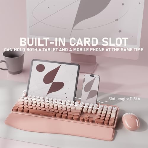 UBOTIE Wireless Keyboard and Mouse Combo, Phone Holder (Peach) - Image 2