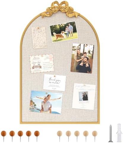 Vintage Gold Linen Cork Board, 24“X36” Arched Bulletin Board with Bow by TopCity