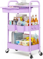 KINGRACK 3 Tier Metal Rolling Cart with Drawer, Purple Utility Storage Cart by KINGRACK