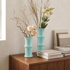 Sage Green Ceramic Bamboo-Inspired Flower Vase Set of 2, Modern Home Decor - Image 4