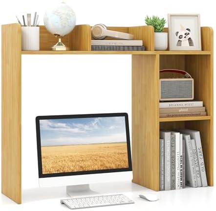 GOFLAME 5 Shelves Desktop Bookshelf, Wood Desk Hutch Dorm for Computer Desk, Countertop Display Rack, 3-Tier Desk Storage Organizer Shelf for Dormitory, Home Office, Study, Burlywood by GOFLAME