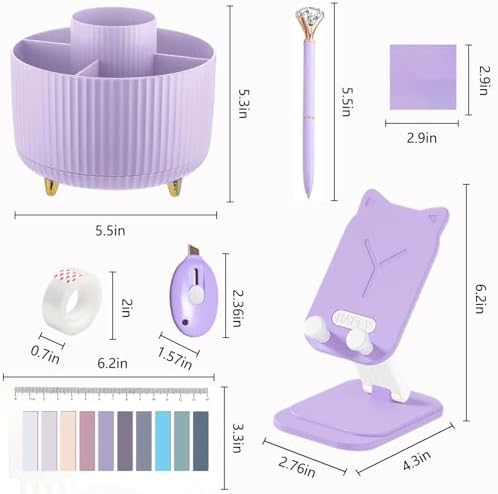Office Supplies,Purple Desk Accessories,Desk Organizer,Phone Stand,Scissors,Stapler,Tape Dispenser,Binder clips,Staples,staple remover,Sticky Notes,Index Tabs,Clear Tape,Mini Box Cutter,Cool Pen.16pcs - Image 6