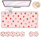 Large Keyboard Mouse Pad Set, Extended Mouse Pad+Keyboard Wrist Rest Support, Memory Foam Ergonomic Easy Typing, 4Pcs (31.5×11.8 in) Desk Pad Set for Office Home,Cute Strawberry Pattern by Unknown