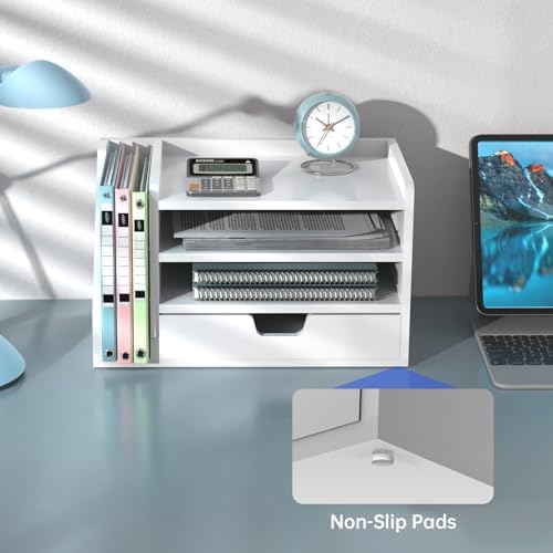 Multi-Tier Wood Desk File Organizer with Side File Rack, 3 Tray Shelves & Adjustable Drawer - Space-Efficient Design Easy to Assemble for Efficient Office Setup, Reduces Desk Clutter (White) - Image 5