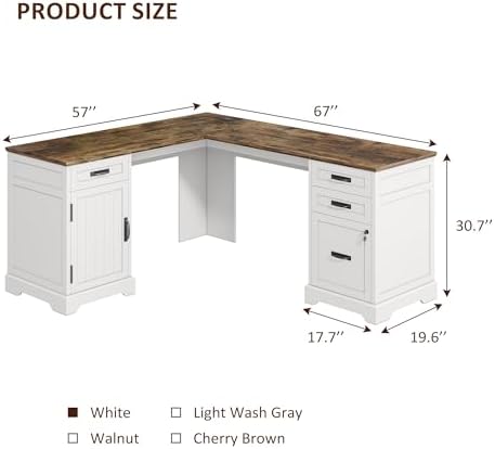 Whalefall 67'' Farmhouse L-Shaped Desk with Drawers for Home Office, White - Image 2