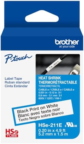 Brother HSe211E ~1/5in (5.28mm) Black on White Heat Shrink Tube, 3:1 Electrical Shrink Wrap Labeling Tape for AWG 16-24, 4.9 ft (1.5m) Cassette for P-Touch Industrial Heat Shrink Label Printers by Unknown