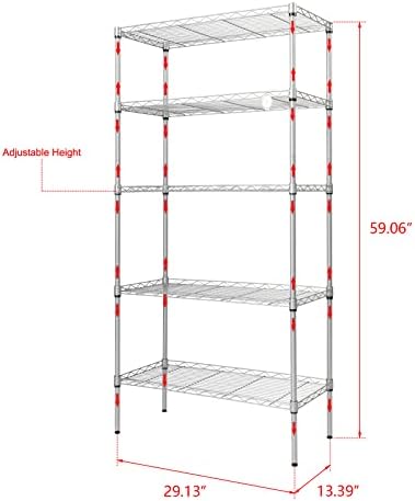 5 Tier Storage Racks Shelving, Heavy Steel Pantry Shelves, Adjustable Wire Shelving Rack, Suitable for Garage, Kitchen, Bathroom, Office, 29" W x 13.4" D x 59" H, Chrome - Image 3