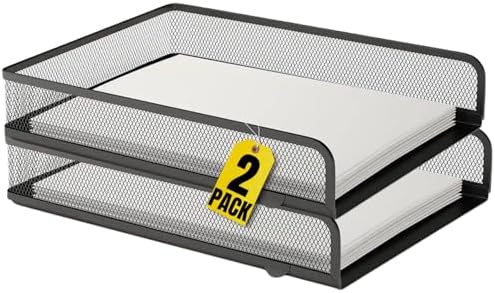 1InTheOffice Letter Trays for Desk Stackable, Front-Load Mesh Desk Tray Organizer, Black, 2 Pack by 1InTheOffice